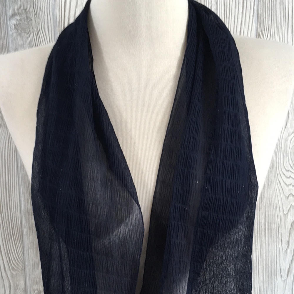 Navy Blue Pleated Sheer Linen Scarf Crinkle Texture Lightweight